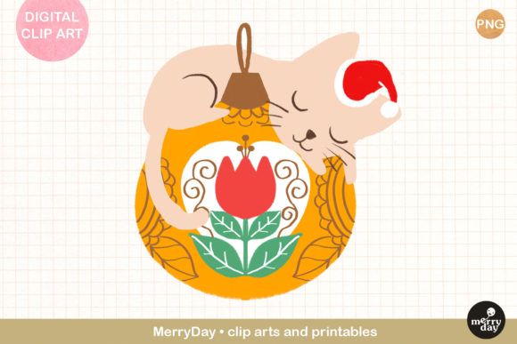 Cat on Christmas Holiday Ornament Png Illustrations