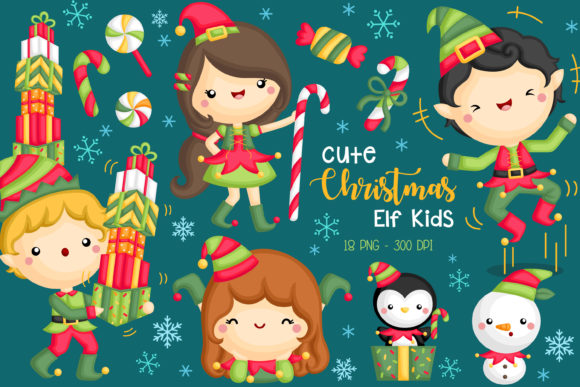 Cute Christmas Elf Kids Clipart Set for Illustrations