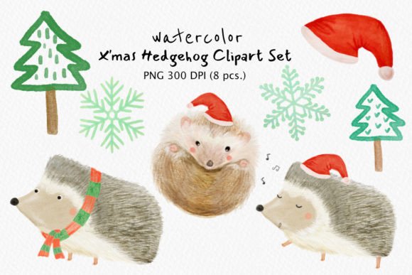 Cute Hedgehog Merry Christmas Cliparts Illustrations