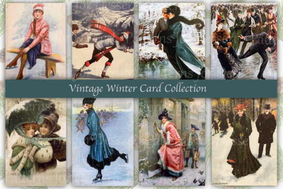 Vintage Winter Christmas Greeting Cards Illustrations