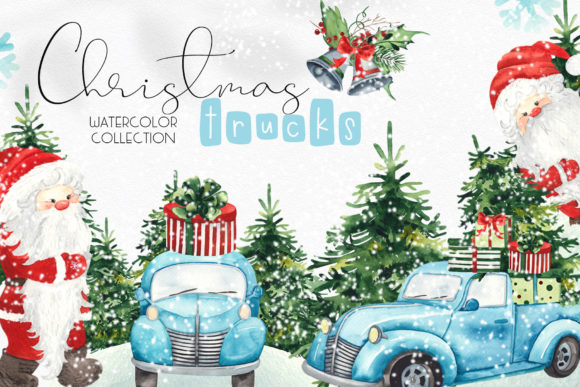 Watercolor Christmas Trucks Set for Illustrations