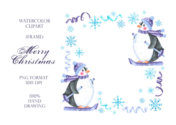 Winter Penguins Frame, Border. Christmas Illustrations